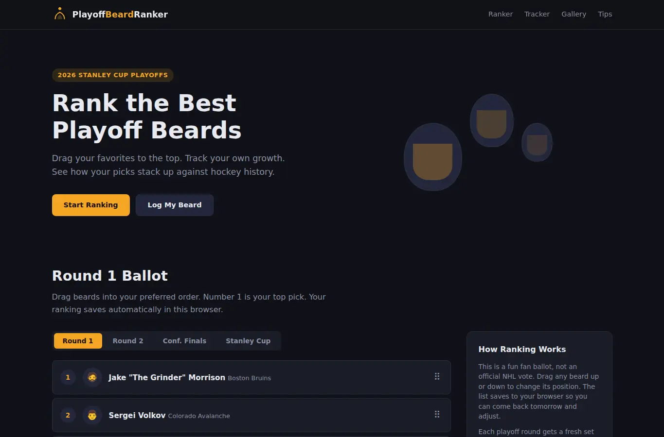 Screenshot of Playoff Beard Ranker interface showing the project page in use